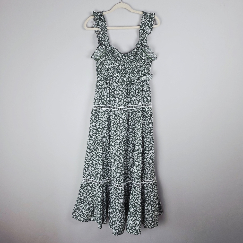 AUREUM Green Floral Smocked Midi Dress Size Large - Picture 3 of 14